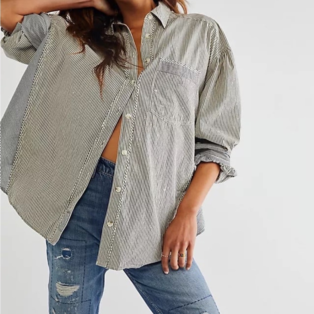 Free People blue and White Striped Button-Down Shirt